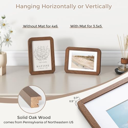 4x6 Solid Oak Wood Picture Frame | 4x6 With Mat For 3.5x5 | Plexiglas Hanging Hardware Included | Walnut, 1 Pack - color: Walnut, size: 4''x6''-1P