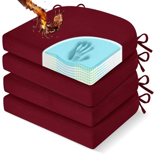 downluxe Chair Cushions for Dining Chairs, Memory Foam Linen Kitchen Chair Pads with Ties, Waterproof, Stain-Resistant and Washable Cover, 17" x 16" x 2.5", Red, 4 Pack - color: Red, size: Pack of 4