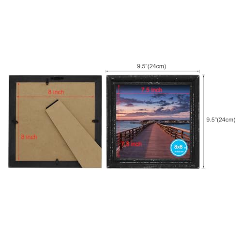 8x8 Picture Frame Made of Solid Wood High Definition Glass Rustic Antique Designs Small Photo Frame for Tabletop Display and Wall Mounting, Distress Black - color: Distress Black B, size: 8" X 8"