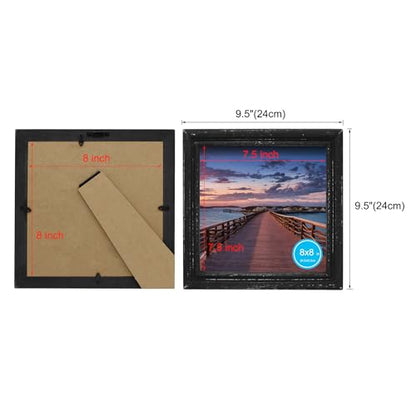 8x8 Picture Frame Made of Solid Wood High Definition Glass Rustic Antique Designs Small Photo Frame for Tabletop Display and Wall Mounting, Distress Black - color: Distress Black B, size: 8" X 8"