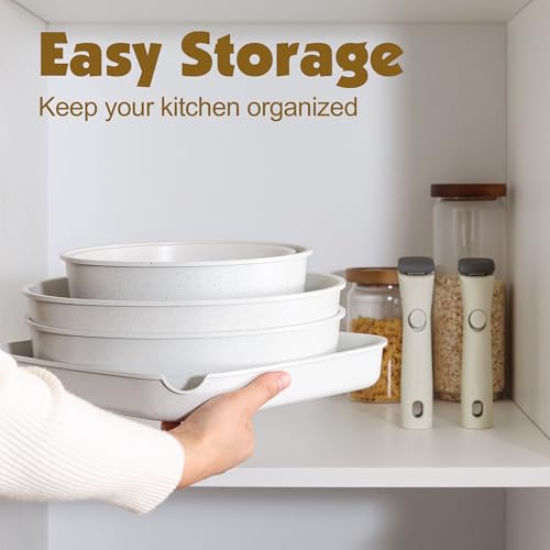 SENSARTE 17 Piece Nonstick Detachable Handle Pots and Pans Set White | Removable Handle Cookware Set, Induction Cookware Set with Removable Handle, Healthy Non Stick for RV, Dishwasher ＆ Oven Safe - color: White, size: 17 Piece