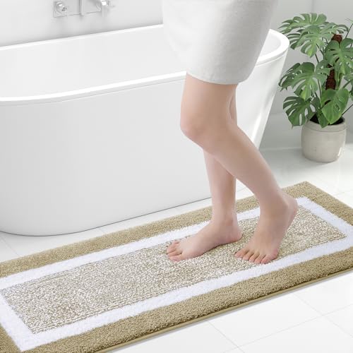 OLANLY Bathroom Runner Rugs 47x17, Long Bath Mats for Bathroom Floor, Beige | Non-Slip, Machine Washable, Quick Dry Shaggy Bath Carpet, Suitable for Bathroom Floor, Tub, Shower - color: Beige and White, size: 47" X 17"