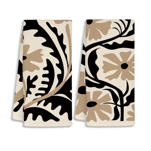 Abstract Kitchen Towels Boho Floral Kitchen Towels Set of 2, Flower Botanical Dish Towels for Kitchen Drying, Dark Cottagecore Neutral Hand Towels for Bathroom, 16x24 Inch - color: A-boho(green)