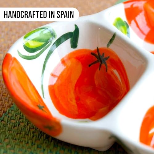 3-Compartment Ceramic Serving Dish, Handmade in Spain | 7.5” divided chip and dip bowl with lead-free glaze, microwave, oven and dishwasher safe, ideal for tapas, snacks and sauces - color: Orange Glow