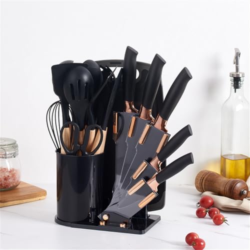 Kitchen Cooking Utensils and Knife Set with Block, 19 Pieces Cooks Cutting Set 11 Silicone Utensils Tool 5 Pcs Sharp Stainless Steel Chef Knives Scissors Whisk Tongs and Cutting Board (Black) - color: Black