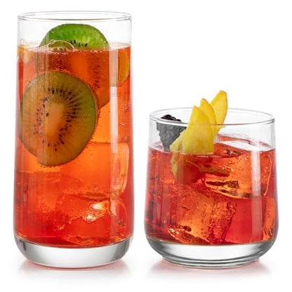 Libbey Ascent Tumbler & Rocks Drinking Glasses Set of 16, Clear Glass Cups | 16.25 oz & 12.25 oz Capacities Glasses for Water, Juice, Cocktails, and More with Curved Design and Dishwasher-Safe Care - color: 01 - Ascent