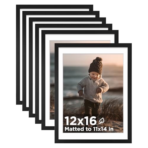 12x16 Picture Frame Black Set of 6 Photo Frames Matted 11x14 | 12 x 16 Wooden Picture Frame with Plexiglass Fits 11x14 with Mat or 12x16 without Mat for Table and Wall Display - color: Black, size: 12x16