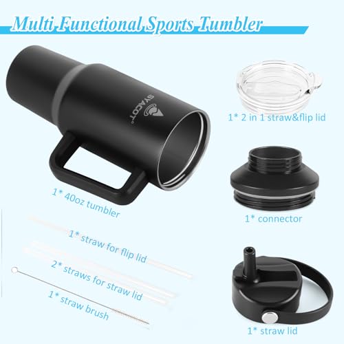 40 oz Tumbler with Handle and Straw or Convert to 40 oz Insulated Water Bottle Fits in Cup Holder. Stainless Steel Metal Water Flask with 2 Lids for Travel,Camping,Gym Sports Coffee Mug Thermal Cup - color: Black