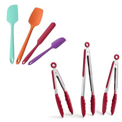 Doosu 600°F Heat Resistant Kitchen Food Tongs for Cooking with Non-Scratch Silicone Tips(7+9+12in, Red) & 600°F Heat Resistant Spatula Set of 4 for Cooking Baking Stirring (Aqua Sky+Orange+Red+Purple)
