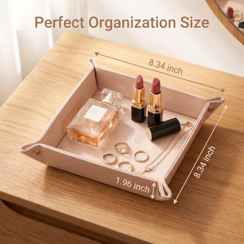 Faux Leather Vanity Tray,Jewelry Holder,Light Pink | Soft-toned vanity tray for makeup, jewelry and beauty essentials on dressers, vanities and bedside tables. - color: Pink