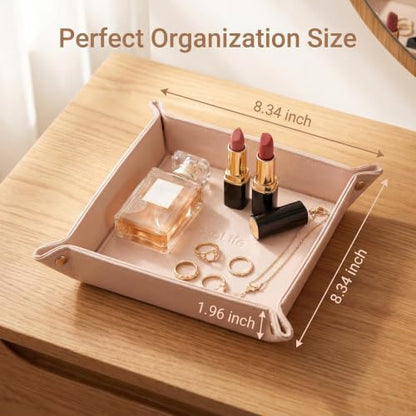 Faux Leather Vanity Tray,Jewelry Holder,Light Pink | Soft-toned vanity tray for makeup, jewelry and beauty essentials on dressers, vanities and bedside tables. - color: Pink