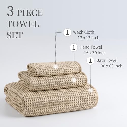 MICROFI Microfiber Waffle Bath Towels, 3 Pieces, Oversized, Soft, Absorbent, Fast Drying, Lint Free, Includes Bath, Face and Hand Towels 430 GSM - color: Beige