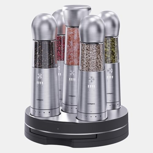 COSPRO Electric Salt & Pepper Grinder Set of 5 | Wireless Charging | Rechargeable | Stainless Steel | One-Hand Use | Adjustable Coarseness | Easy Clean | Himalayan Salt & Spices - size: Set of 5