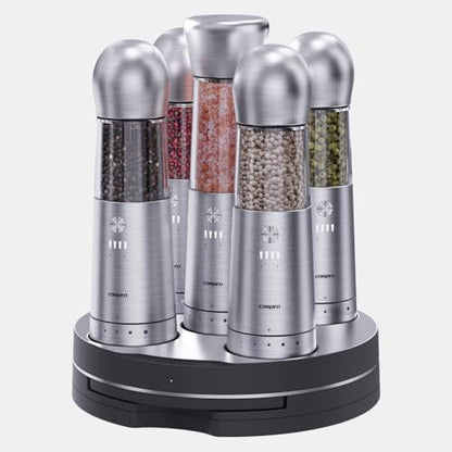 COSPRO Electric Salt & Pepper Grinder Set of 5 | Wireless Charging | Rechargeable | Stainless Steel | One-Hand Use | Adjustable Coarseness | Easy Clean | Himalayan Salt & Spices - size: Set of 5