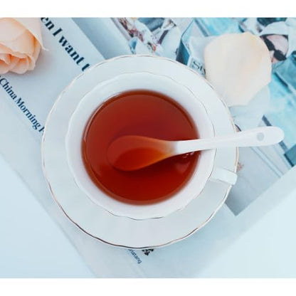 Bone China Tea Cup and Saucer Set with Spoon，Elegant Floral Tea Cup Set (7 oz)，British Coffee Latte Mug for Birthday Party Christmas gift for Friends - color: white-A