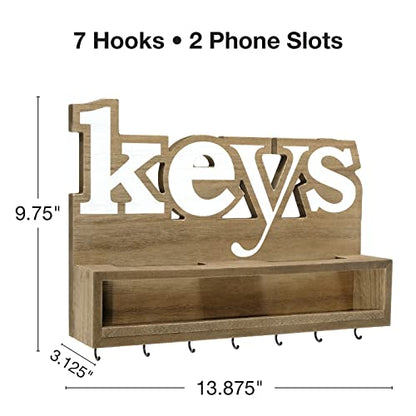 EXCELLO GLOBAL PRODUCTS Rustic Keys Wall Mounted Hanging Entryway Organizer with 4 Hooks. 13" x 9" Use as hat Organizer, Key Holder, Mail sorter. Perfect for Entryway, Kitchen, Bathroom, Hallway - style: KEYS