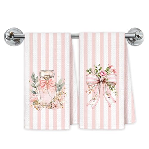 Coquette Pink Bow Floral Bathroom Hand Towels, Coquette Girly Bathroom Decor, Pink and White Striped Perfume Decorative Hand Towels for Bath Room Washroom Restroom, 16x24 Inch Set of 2 - color: Coquette-towels-o
