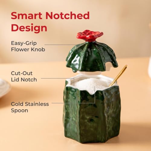 Cactus Ceramic Salt Cellar Sugar Bowl with Red Flower Lid and Gold Spoon | Green cactus ceramic salt cellar sugar bowl with red flower lid, notch, and gold spoon for kitchen countertop spice decor.