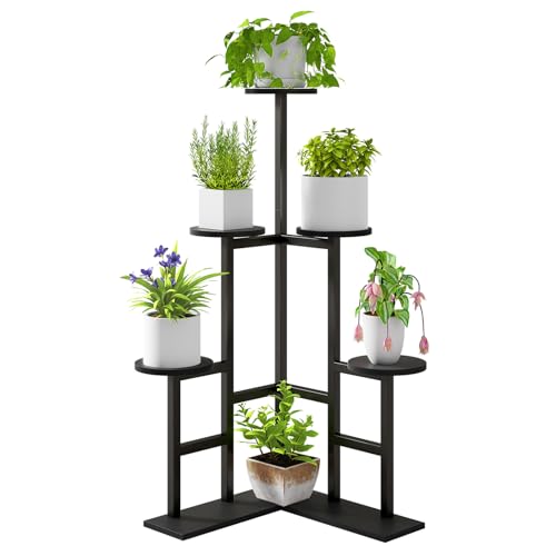 IBUYKE 6 Tier Plant Stand Indoor, Tall Flower Pot Stand for Multiple Plants, Tiered Corner Plant Shelf for Living Room Patio Balcony Garden, , Black TMJ072B - color: Black, size: 6 Tier