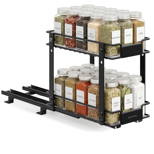 SONGMICS 2 Tier Pull Out Spice Rack for inside Cabinets, Organizer, Steel | Slide Out Spice Organizer for inside Cabinets, Ink Black, PATALLA Collection UKCS117B101 - color: Black
