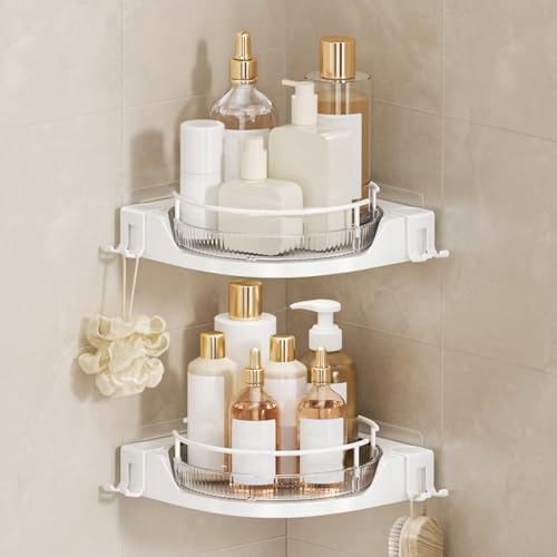 Oifecsie 360° Rotating Corner Shower Caddy (2-Pack) - Lazy Susan Bathroom Organizer with Hooks, No-Drill Adhesive Mount for Shower, Kitchen, RV, Space-Saving ABS Plastic Shower Shelf - color: Clear White