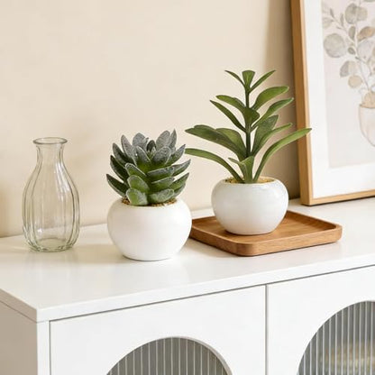 GREENTIME 6 Pcs Artificial Succulents in Ceramic Pots Small Fake Plants | Mini Faux Succulents Zero Maintenance for Indoor Bathroom Office Desk Bedroom Living Room Table Shelf Kitchen Windowsill - color: Green-white Round Pot
