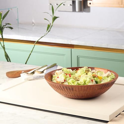 12" x 4" Wood bowl with hand carved pattern | 4.3 quarts capacity | wooden bowl for food, serving salads, pasta, cereal or popcorn | kitchen counter centerpiece bowl for fruits |