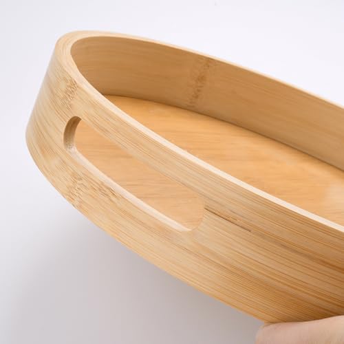 LorisArm 12 inch Round Serving Wooden Tray with Handles, Bamboo Decorative Ottoman Tray Serving for Serving Beverages & Food on Bar Living Room Home Dining Table.