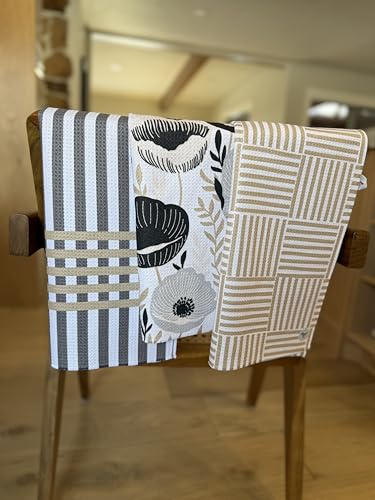 Kitchen Towels, Dish Towels for Kitchen, 3 Pc Kitchen Towel Set | Microfiber Waffle Towels, 16 x 26 inches, with Hanging Loops, Reusable Tea Towels, Cute Kitchen Towels - 3 Pack - color: Tan/ Gray