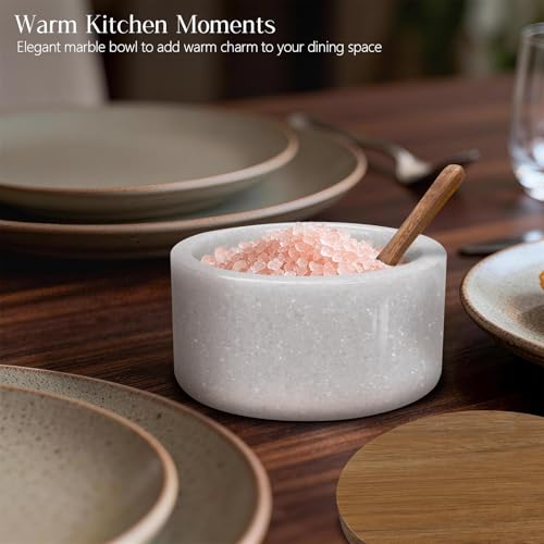 Marble Salt Cellar with Lid & Spoon, Salt Container, Salt Holder | Acacia Wood Lid, Wide Base with Non-Skid Feet, Moisture Proof Spice Cellars Keeps Salt, Pepper & Spices Dry, 6 oz (White) - color: White