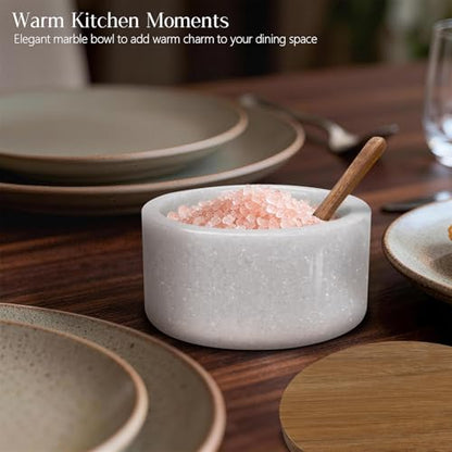 Marble Salt Cellar with Lid & Spoon, Salt Container, Salt Holder | Acacia Wood Lid, Wide Base with Non-Skid Feet, Moisture Proof Spice Cellars Keeps Salt, Pepper & Spices Dry, 6 oz (White) - color: White