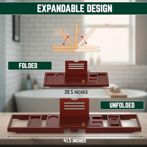 Bamboo Bathtub Caddy Tray Expandable & Foldable Bath Shelfwith Book, Tablet & Wine Holder Adjustable Wooden Bath Tray for Relaxing Spa atHome – Fits Most Tub Sizes. - color: Wood Brown