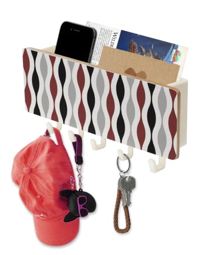 Key Holder for Wall Mid Century Abstract Art Key and Mail Holder with Shelf 5 Hooks Storage Key Organizer Rack Geometric Black Red Grey Wood Wall Key Hanger for Entryway Hallway Kitchen Home Decor - color: Red, size: White