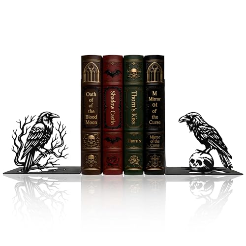 Matte Black Iron Gothic Decorative Bookends for Shelves, Raven Book Ends Decorative for Heavy Books, Unique Vintage Bookends, Metal Book Holders for Gothic Bookshelf and Office Decor - color: Raven