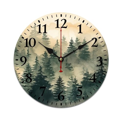 Nature Scenic Foggy Mountain Wooden Wall Clock Watercolor Mountain Misty Pine Foggy Plants Smokey Green T Wooden Decorative Battery Operated Silent 10 Inch Round - color: Pattern-9, size: 10 Inch
