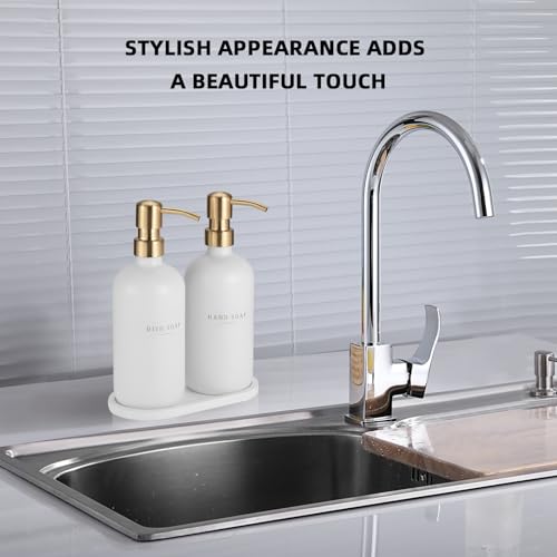 Soap Dispenser Bathroom - Dish and Hand Soap Dispenser Set, Glass Soap Lotion Dispenser with Pump for Kitchen with Tray, Waterproof Labels, 2 Lotion White Bottle/Gold Pump N - color: White Bottle/Gold Pump N+ Tray + Funnel