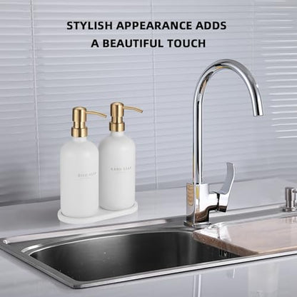 Soap Dispenser Bathroom - Dish and Hand Soap Dispenser Set, Glass Soap Lotion Dispenser with Pump for Kitchen with Tray, Waterproof Labels, 2 Lotion White Bottle/Gold Pump N - color: White Bottle/Gold Pump N+ Tray + Funnel