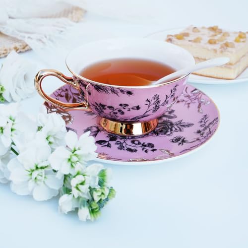 Bone China Tea Cup and Saucer Set with Spoon，Elegant Floral Tea Cup Set (7 oz)，British Coffee Latte Mug for Birthday Party Christmas gift for Friends - color: Rose Red