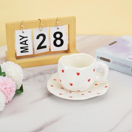 Koythin 10oz Ceramic Mug With Saucer, Small Red Heart Couple Latte Tea Cup | 300ml Heart Pattern Cup, Safe For Microwave & Dishwasher; Couple Cup - color: Small Red Heart