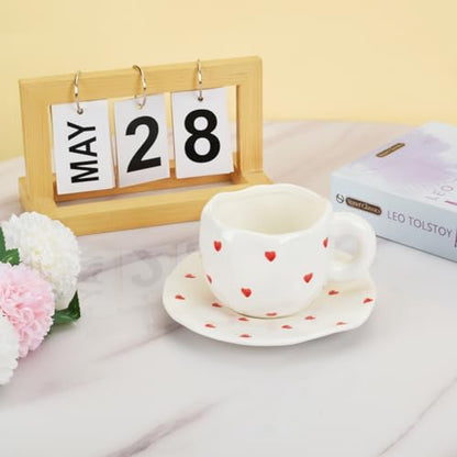 Koythin 10oz Ceramic Mug With Saucer, Small Red Heart Couple Latte Tea Cup | 300ml Heart Pattern Cup, Safe For Microwave & Dishwasher; Couple Cup - color: Small Red Heart
