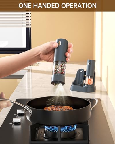 CIRCLE JOY Electric Salt and Pepper Grinder Set Automatic Salt and Pepper Grinder Set with Easy-to-Carry Charging Base and LED Light, Adjustable Coarseness, USB Rechargeable, Washable Container, Blue - color: Blue