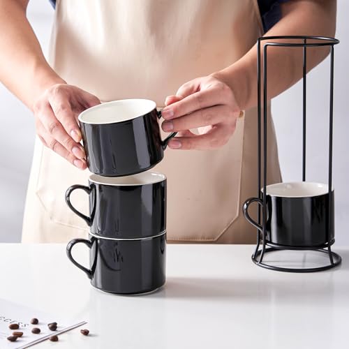 10oz Porcelain Stackable Coffee Mugs and Metal Stand Set of 4, Espresso Cups Set for Hot Drinks, Cappuccino, Tea-Black - color: Black