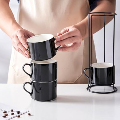 10oz Porcelain Stackable Coffee Mugs and Metal Stand Set of 4, Espresso Cups Set for Hot Drinks, Cappuccino, Tea-Black - color: Black