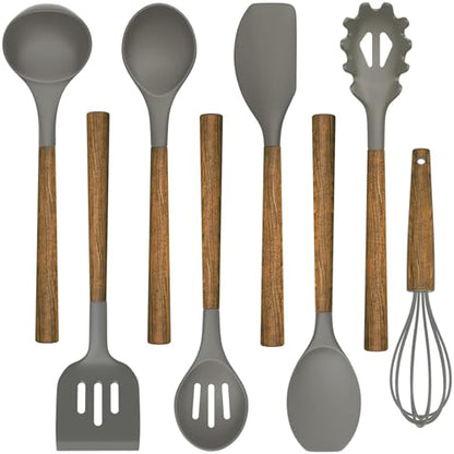Umite Chef Silicone Cooking Utensil Set, 8-Piece Kitchen Utensils Set with Natural Acacia Wooden Handles,Food-Grade-Silicone Kitchen Gadgets and Spatula Set for Nonstick Cookware - Grey - color: Gray