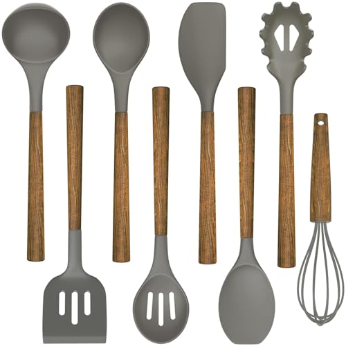 Umite Chef Silicone Cooking Utensil Set, 8-Piece Kitchen Utensils Set with Natural Acacia Wooden Handles,Food-Grade-Silicone Kitchen Gadgets and Spatula Set for Nonstick Cookware - Grey - color: Gray