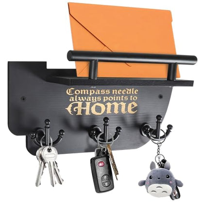 Picowe Wall Mounted Mail and Key Holder, Wooden Black Ship Style with 3 Anchor Hooks for Entryway, Farmhouse Wall Organizer for Mail & Keys