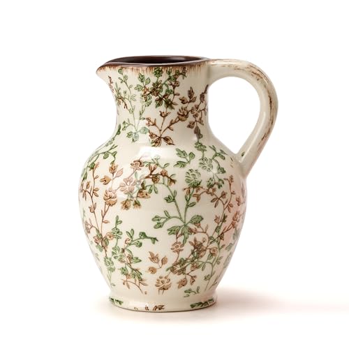 Ceramic Rustic Farmhouse Vase with Handle,‌Retro Flower Vase for Home Decor | Chinoiserie Floral Vase Living Room Kitchen Bedroom Decorations for Home Bookshelf Office Coffee Desk Dining Fireplace - color: Green and Beige