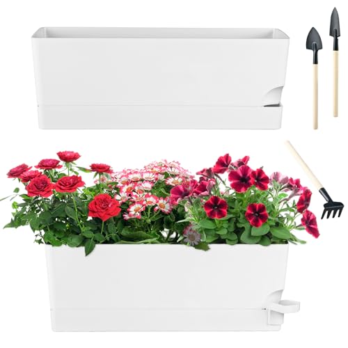 2 Pack Self Watering Pots for Indoor Plants 17 Inches Window Boxes Planters Rectangular Flower Pots Rectangle Herb Pots Large Plant Pots with Drainage Holes and Saucers Windowsill Planter, White - color: White