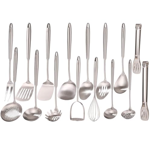 18/10 Stainless Steel Cooking Utensils Set - 16 PCS All Metal Utensils | Kitchen Tools - Whisk, Masher, Fork, Tong, Solid Slotted Spoon, Spatula, Turner, Ladle, Skimmer, Pasta, Small Large Spoon Set - color: 16-Pieces