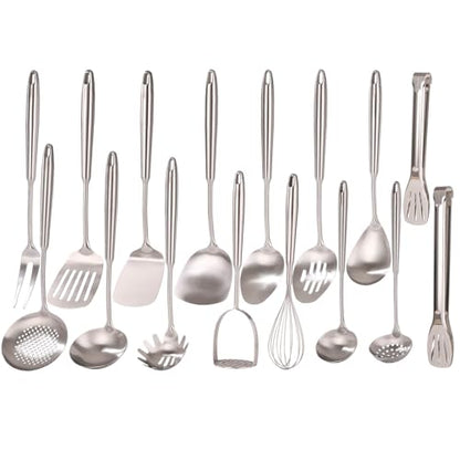 18/10 Stainless Steel Cooking Utensils Set - 16 PCS All Metal Utensils | Kitchen Tools - Whisk, Masher, Fork, Tong, Solid Slotted Spoon, Spatula, Turner, Ladle, Skimmer, Pasta, Small Large Spoon Set - color: 16-Pieces